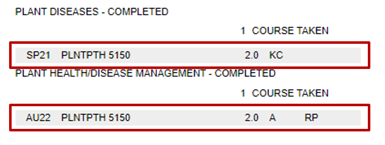 screenshot of degree audit after exception and both courses have credit hours listed