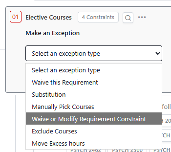 The exception options are open with "Waive or Modify Requirement Constraint" selected.