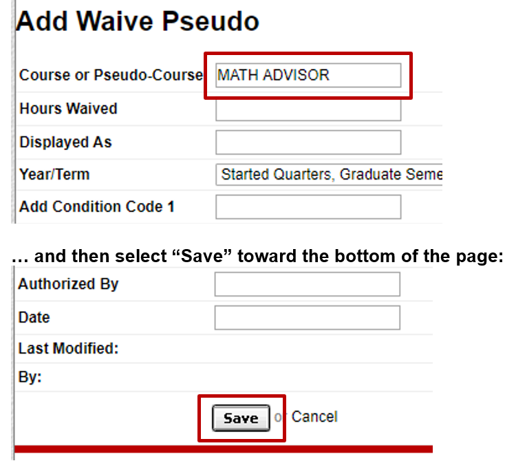screenshot of text fields to enter pseudo course and the save button
