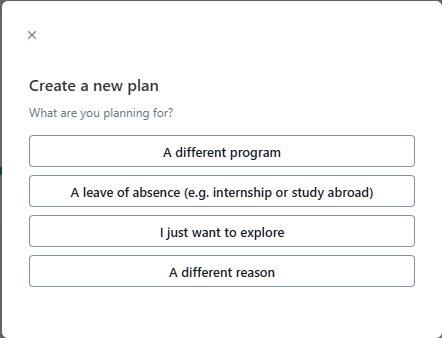 A menu is shown labeled "Create a new plan" and "What are you looking for?" The options to choose from are: A different program, A leave of absence (e.g., internship or study abroad), I just want to explore, or A different reason