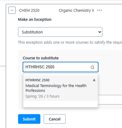 Entering HTHRHSC 2500 into the Substitution menu for CHEM 2520.