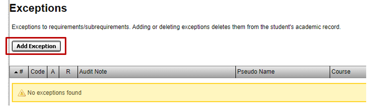 Select "Exceptions" from the menu bar, then select the "Add Exception" button