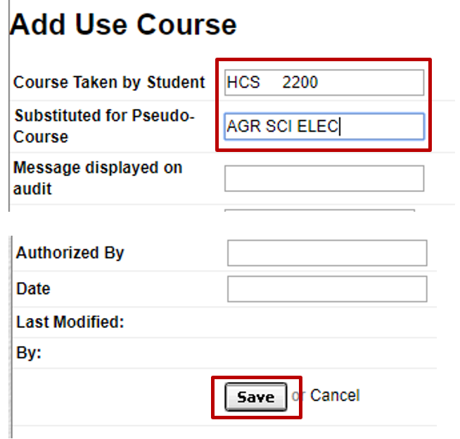 screenshot of text field to enter course and pseudo course