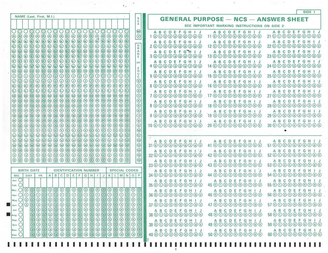A green scantron form with text bubbles to be filled in by pencil.