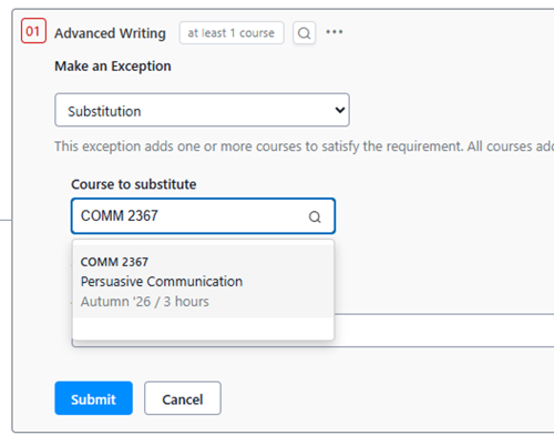 Entering COMM 2367 into the Substitution menu.