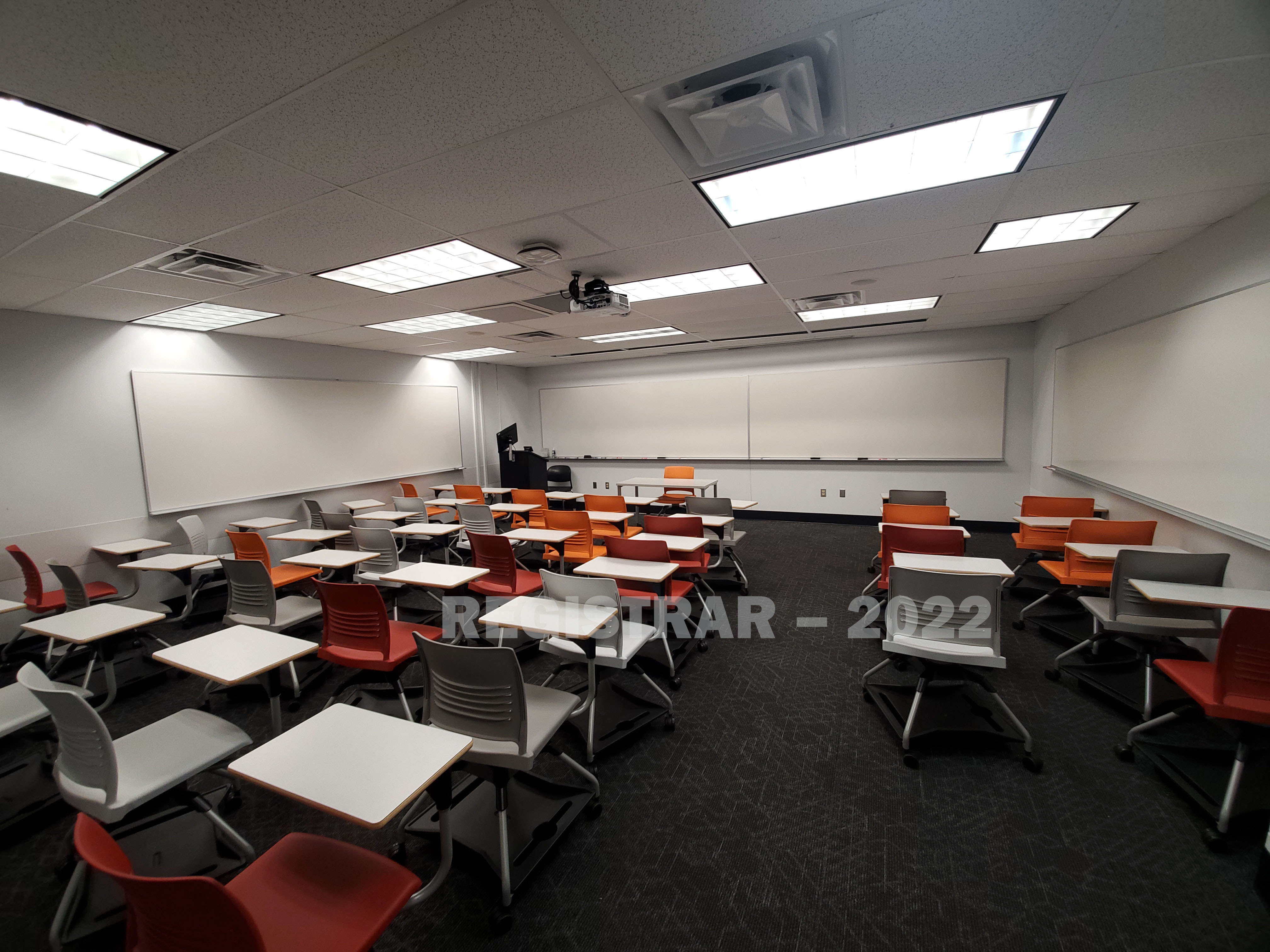 Journalism Building room 274 ultra wide angle view from the back of the room