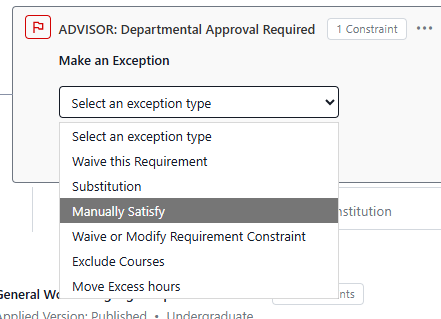 The exception options are open with "Manually Satisfy" selected.