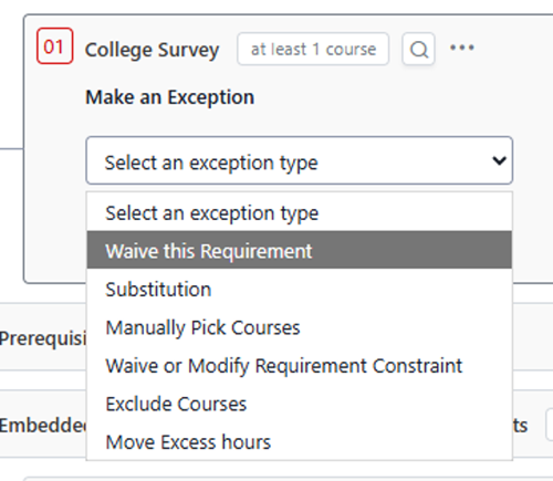 The incomplete College Survey requirement exception options are open with "Waive this Requirement" selected.