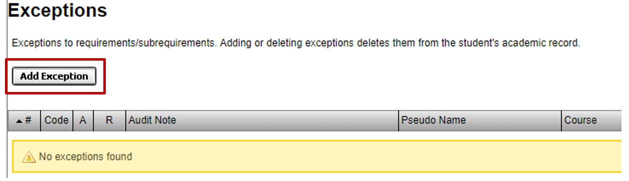 screenshot showing "add exception" button