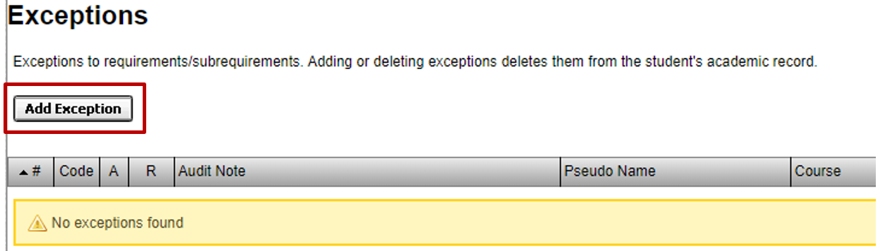 screenshot showing "add exception" button