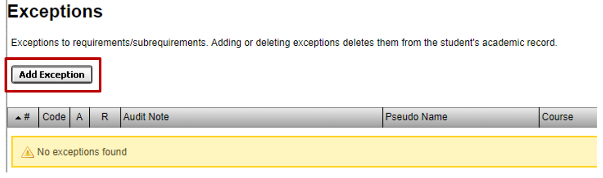 screenshot of "add exception" button