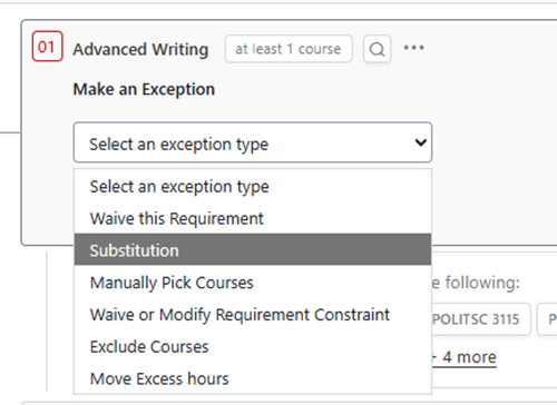The incomplete Advanced Writing requirement exception options are open with "Substitution" selected.