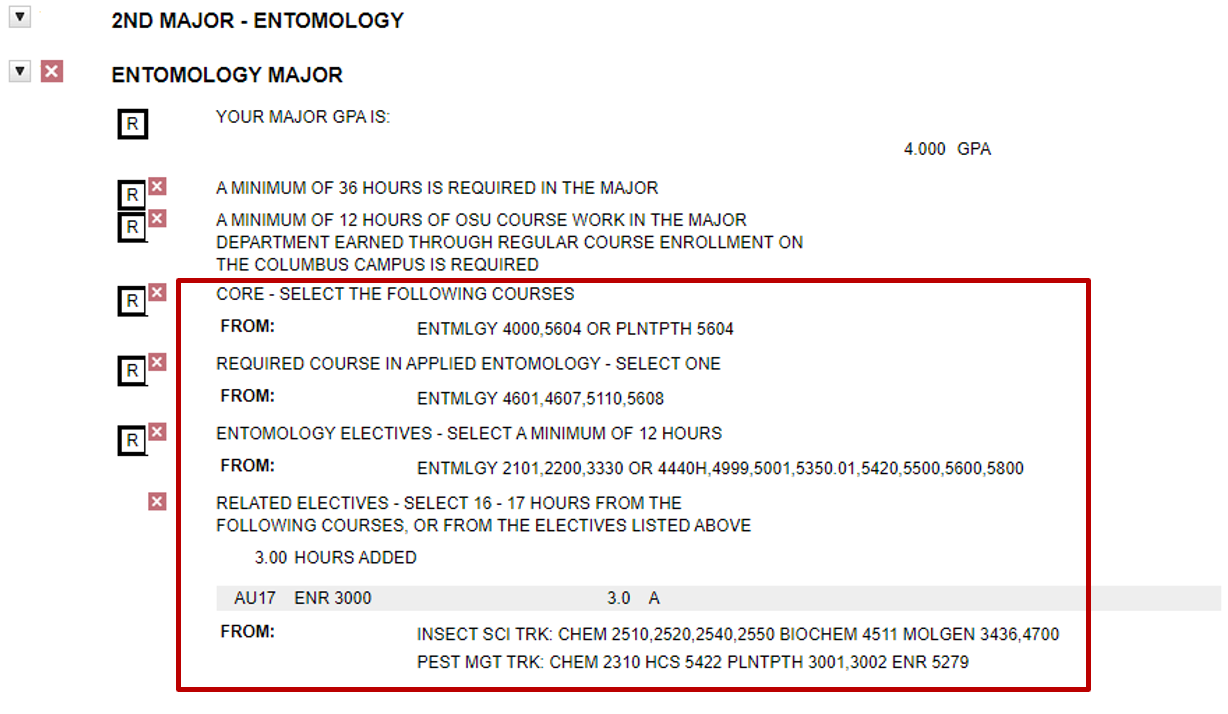 Screenshot of degree audit showing Entomology Major requirements after exception