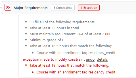 The original constraints are all listed. There is text in red font to indicate that an exception was made the modify the constraint "Take at least 16.5 hours that match the following: course with an enrollment tag residency_credit" to now require 19 hours. There is a red box that says "1 Exception."