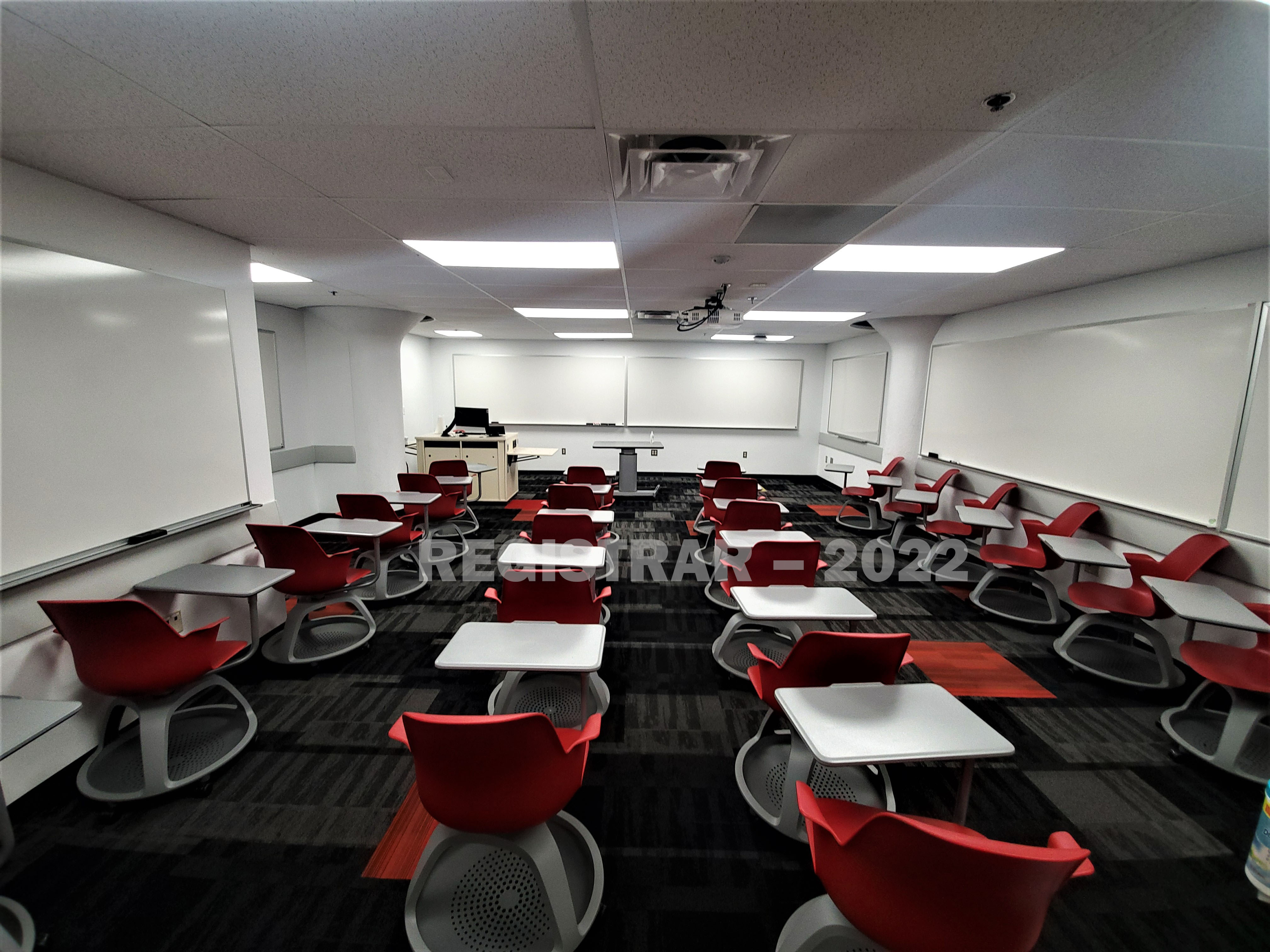 Enarson Classroom Building room 15 ultra wide angle view from the back of the room