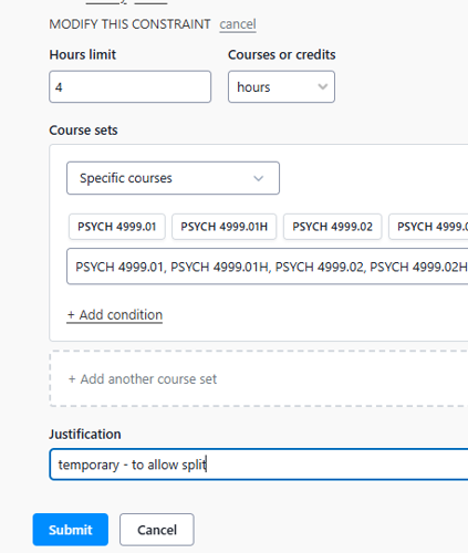 The menu to make an exception is showing where 4 hours of PSYCH 4999.01, PSYCH 4999.01H, PSYCH 4999.02, PSYCH 4999.02H is now allowed to count with a note that the exception is temporary - to allow split.
