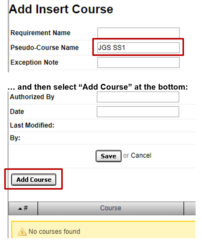 screenshot showing text field to enter pseudo-course name and the "add course" button