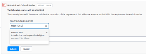 Entering RELSTDS 2370 into the Prioritize Eligible Courses menu.