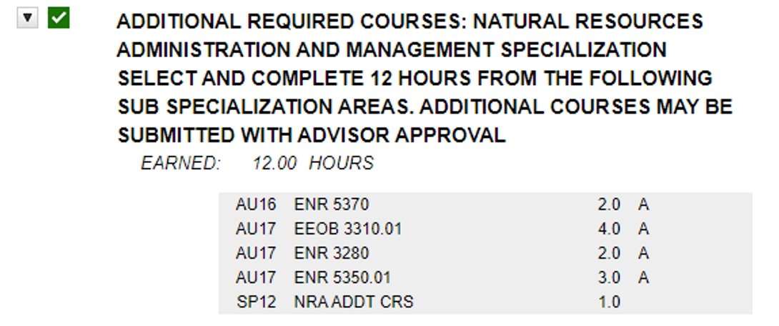 screenshot of degree audit after exception, no additional hours needed