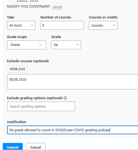 Options are open to modify a constraint. EEOB 2520 is entered in a field to be excluded from the limit of 0 courses with a PA grade.