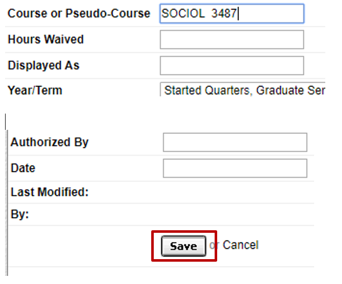 screenshot of text fields to enter course information