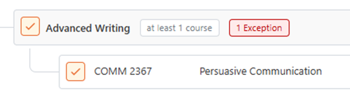 The Advanced Writing requirement is now complete and there is a red box that says "1 Exception."