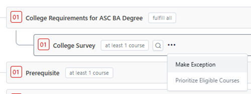 The College Survey requirement is unfulfilled and the menu is open with the "Make Exception" option selected.