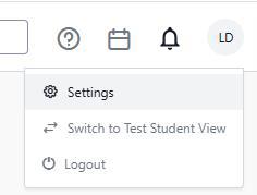 A dropdown menu showing options for Settings, Switch to Test Student View, and Logout. The menu is accessed by clicking an icon next to a user profile circle labeled with the users initials and includes icons representing each option.