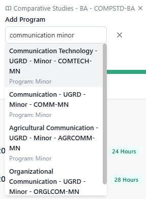 A book icon is shown labeled "Comparative Studies - BA - COMPSTDS-BA". Under that, it says "Add program" and shows a drop down menu where a user has typed "communication minor" and options matching this have come up in the drop down menu