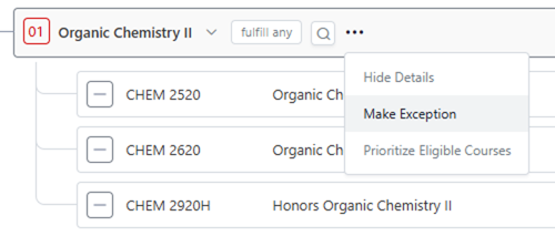 An Organic Chemistry II requirement with the menu open and "Make Exception" selected.