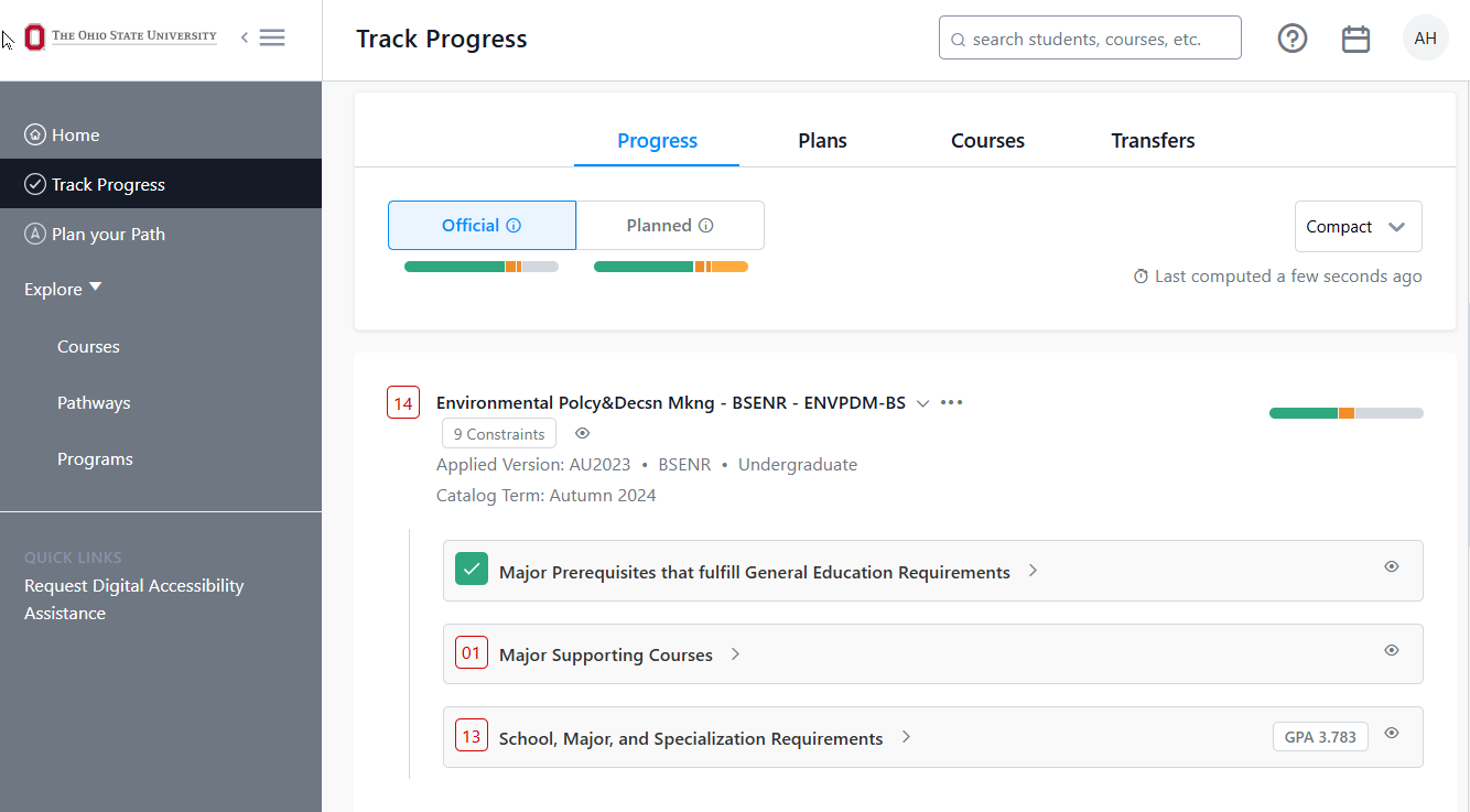 Screenshot of an academic progress tracker from The Ohio State University showing course details and progress.