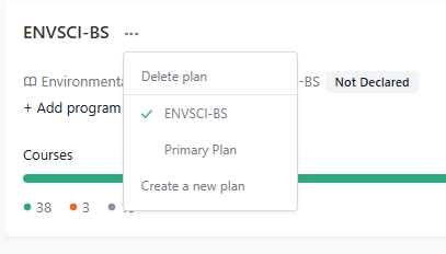Shows a label of ENVSCI-BS with three dots next to it. The three dots have been clicked on with a menu showing options of: Delete plan, ENVSCI-BS, Primary Plan, or Create a new plan.