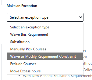 The exception options are open with "Waive or Modify Requirement Constraint" selected.