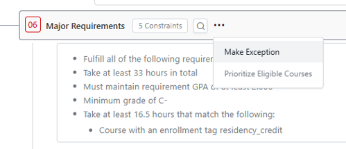 The Major Requirements option menu is open and "Make Exception" selected.