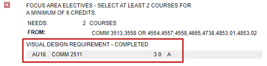 Degree audit example that shows COMM 2511 completing the Visual Design requirement