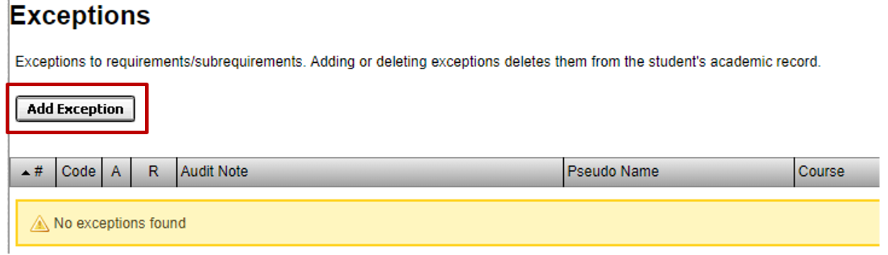 screenshot of "add exception" button