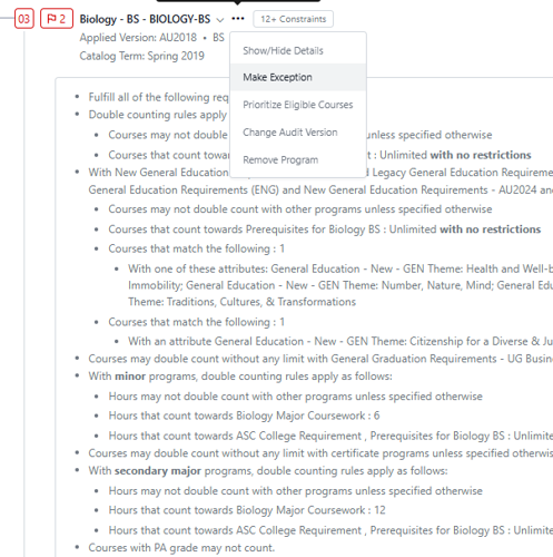 The Biology BS requirement constraints are shown with the menu open and "Make Exception" selected.